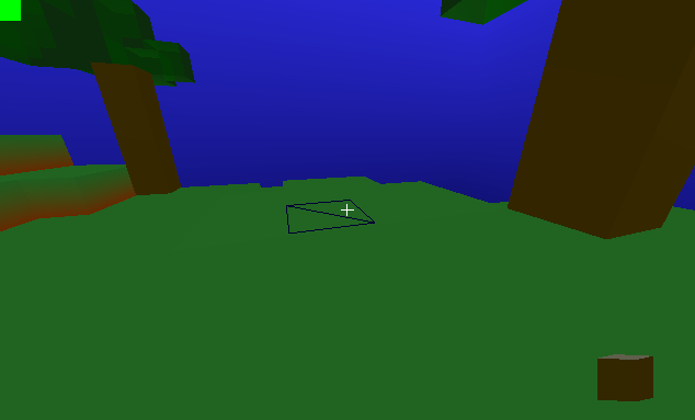voxelly trees-on-grass scene with a log-cube in the lower right
