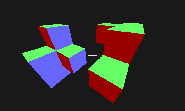 a messy assembly of mostly-adjacent flat-shaded red/green/blue cubes